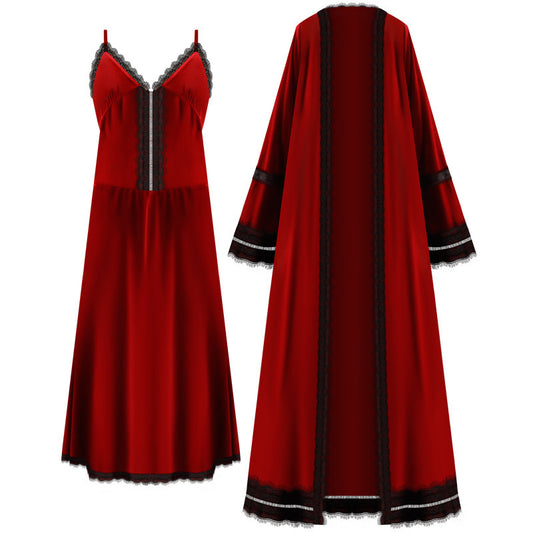 Red dress with black trim on a white background