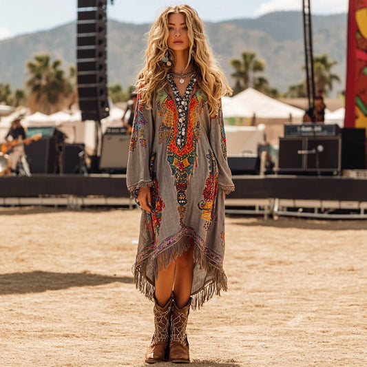 Woman in a colorful dress and boots at a music festival with mountains in the background