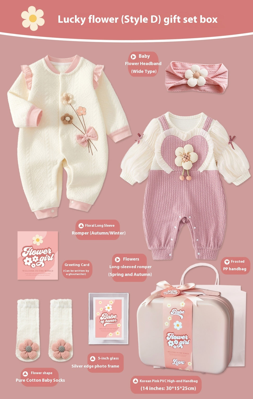 Baby gift set with romper, headband, and accessories on a pink background