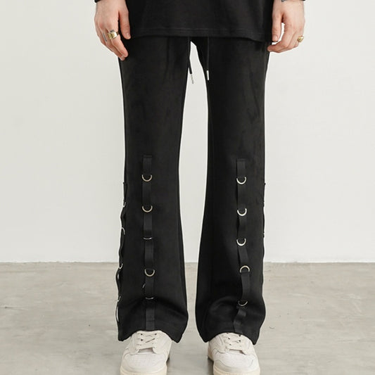 Suede Leather Hoop Embellished Micro-flared Trousers