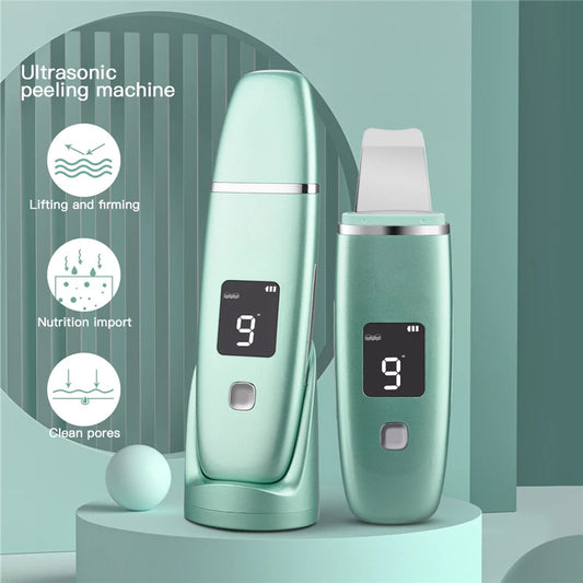 Two green ultrasonic peeling machines on a light blue background with text and icons.