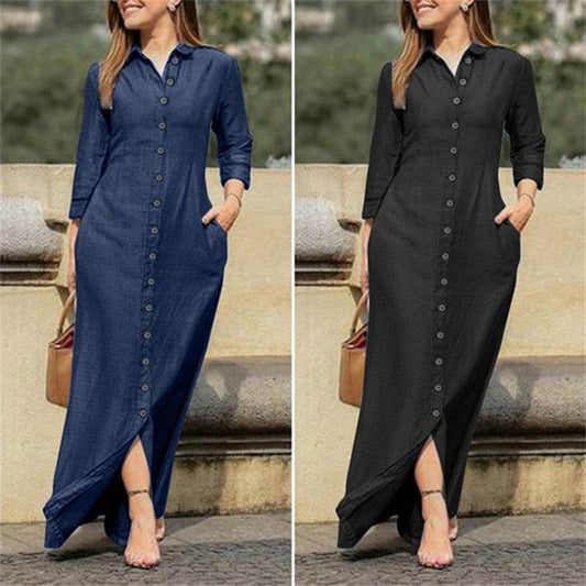 Womens Casual Button Down Denim Maxi Dress Long Sleeve Long Jean Dresses With Pockets - Millivan supplies 
