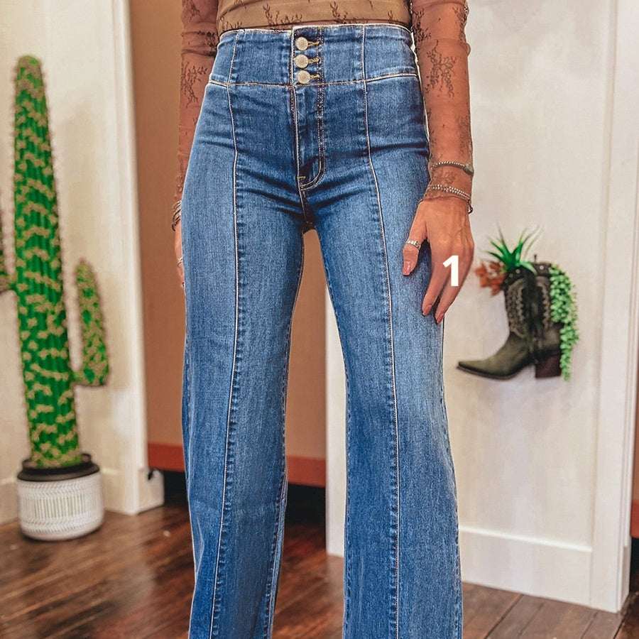 Women's High-Waist Flared Bell-Bottom Jeans | Blue | UK 4–16
