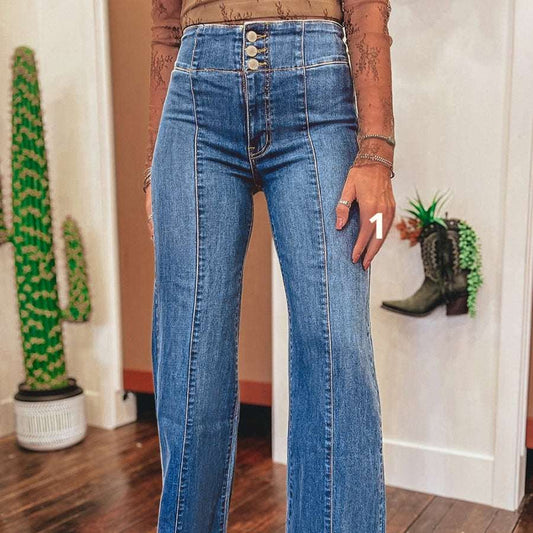 Women's High-Waist Flared Bell-Bottom Jeans | Blue | UK 4–16