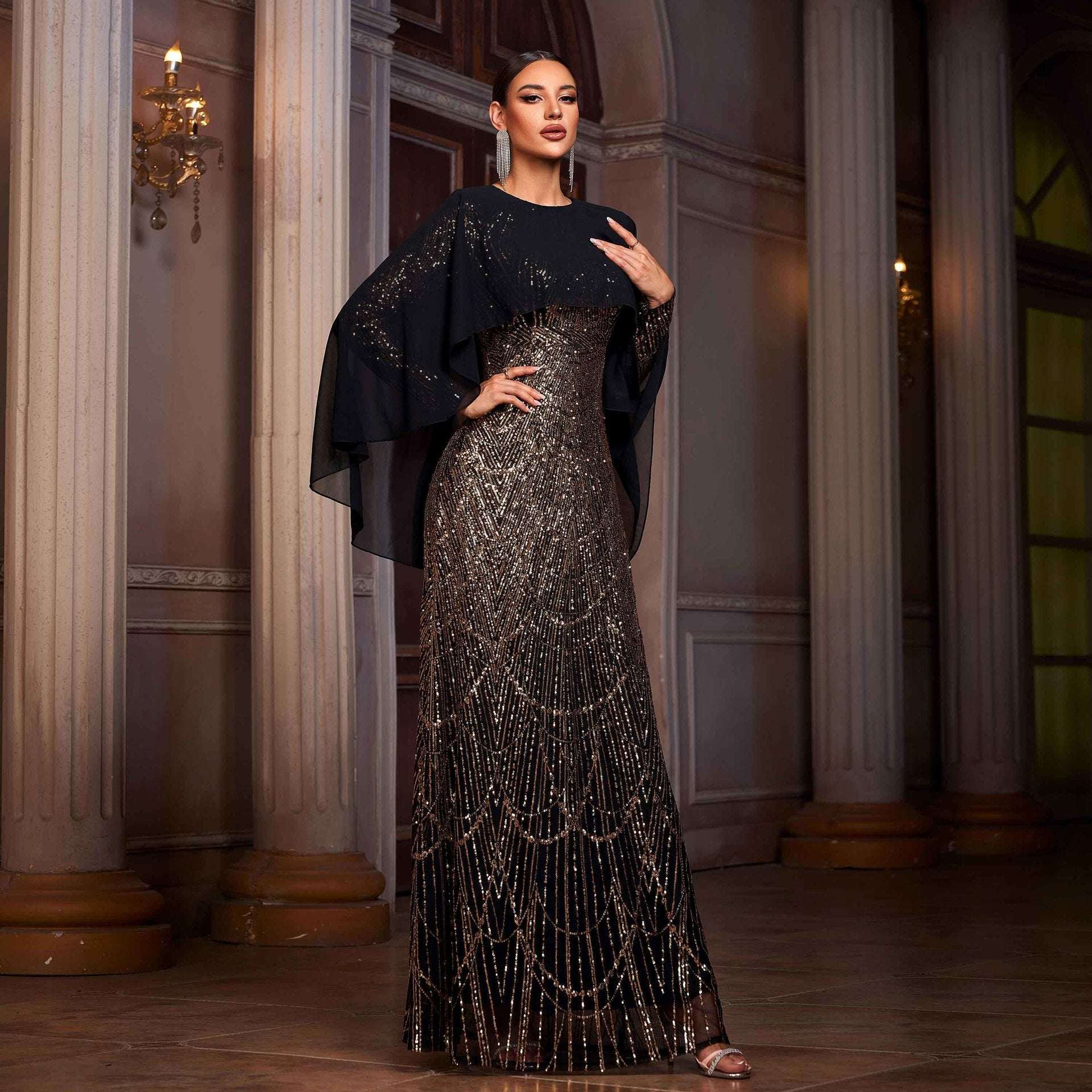 Women's Long-Sleeve Round-Neck Sequined High-Waist Maxi Evening Gown | Black Gold | S–XL