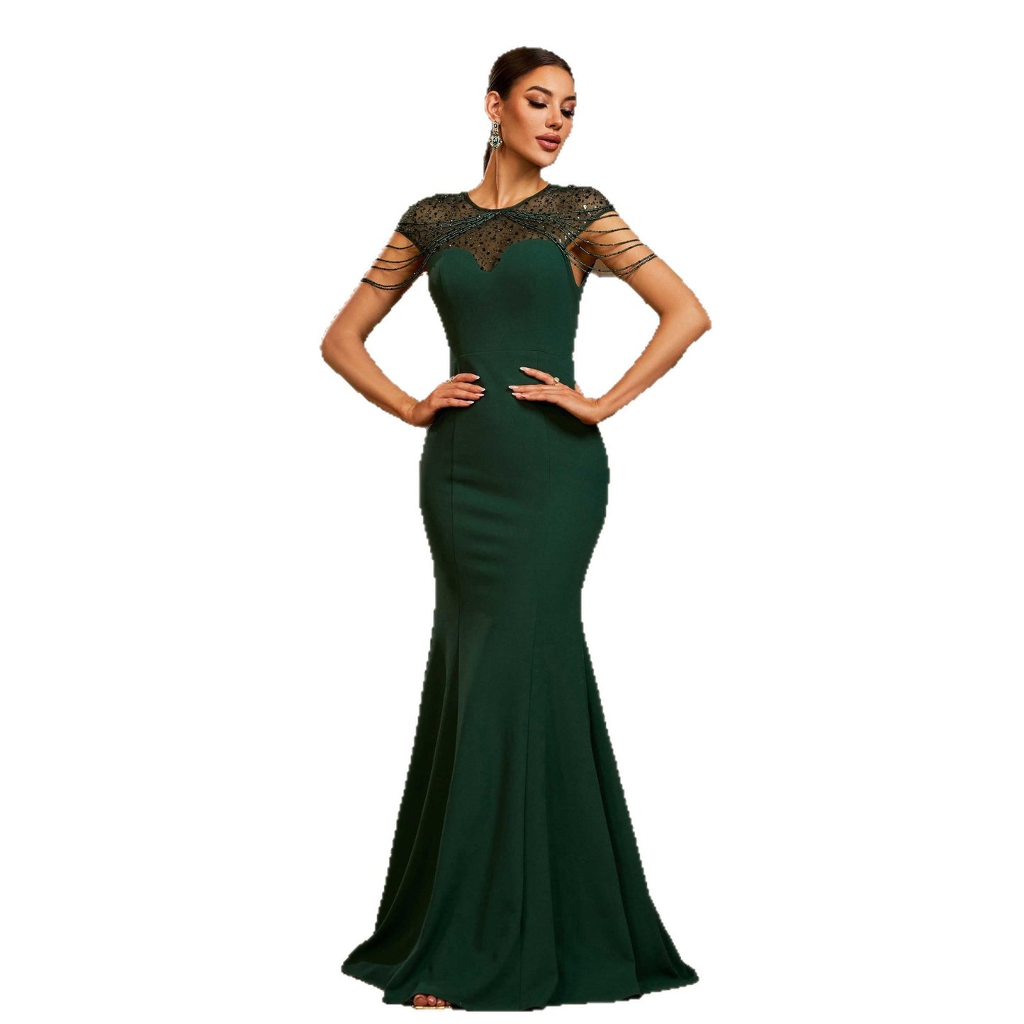Green evening gown with lace details on a white background by millivan