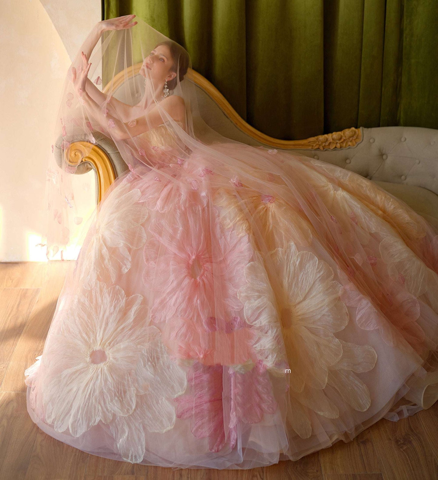 Sweet Mesh Bustier Bridal Gown with Train & Veil | Pink | S–XL