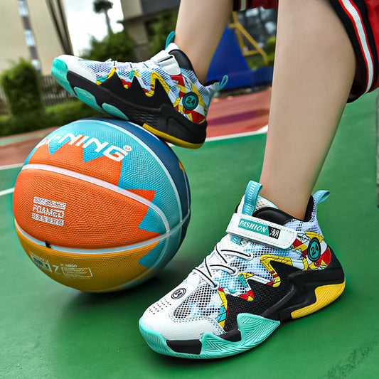 Colorful basketball shoes with a basketball on a sports court