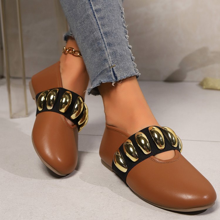Women's Metal Buckle Flats - Round Toe Loafers