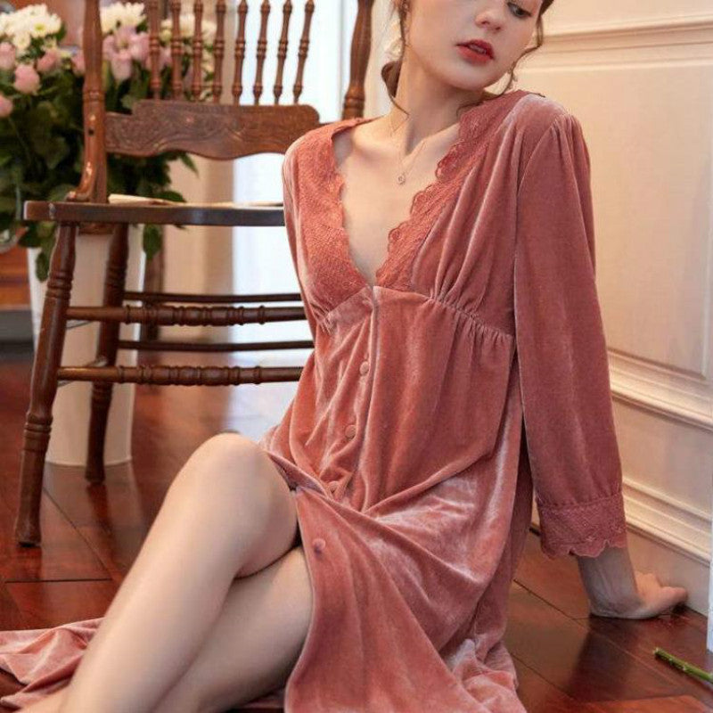 French  Nightdress Women Autumn And Winter Coral Fleece Plus Fleece Long Skirt