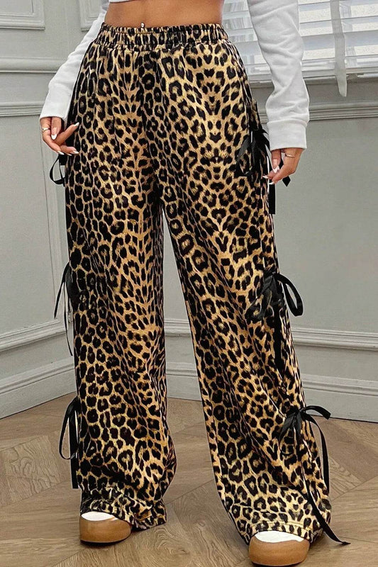 Leopard Bow Tie Elastic Waist Pants - Millivan supplies