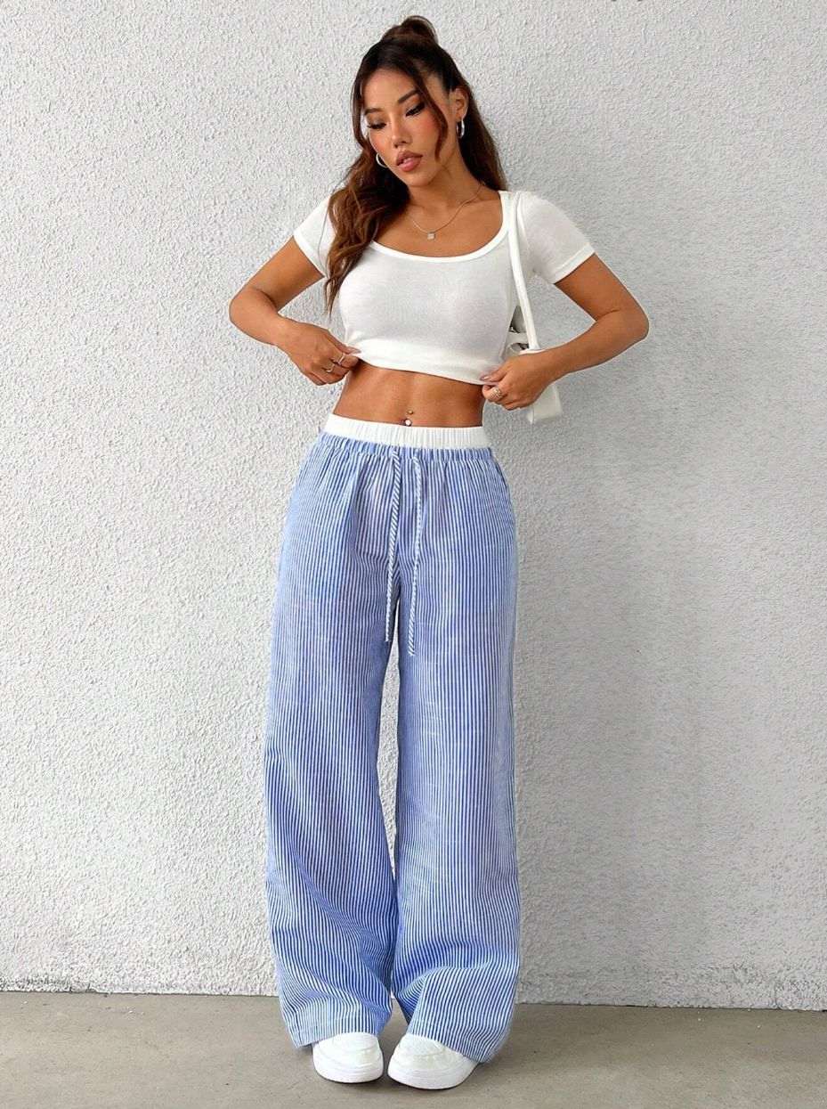 Women's Wide-Leg Floor-Length Pleated Pants – Mid-Rise Straight Leg Casual Trousers with Pockets | Blue, Gray, Pink | XS–L
