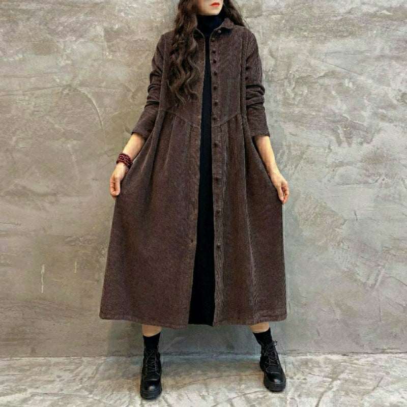 Women's Retro Corduroy Dust Coat – Loose Long Below-the-Knee Windbreaker Outwear | Brown, Dark Gray, Dark Green, Khaki | M–5XL
