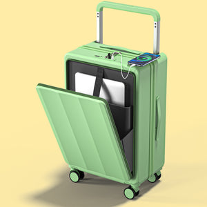 Green suitcase with open front compartment on a beige background