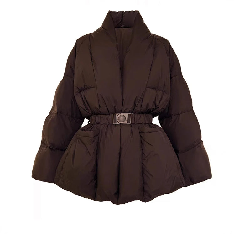 Brown puffer coat with a belt on a white background