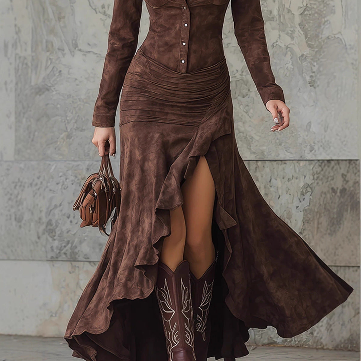 Woman wearing a brown suede dress with a high slit, holding a matching handbag against a neutral background.