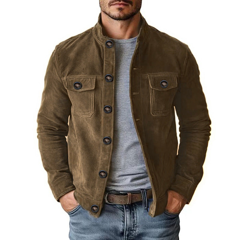 Brown jacket worn by a person on a white background