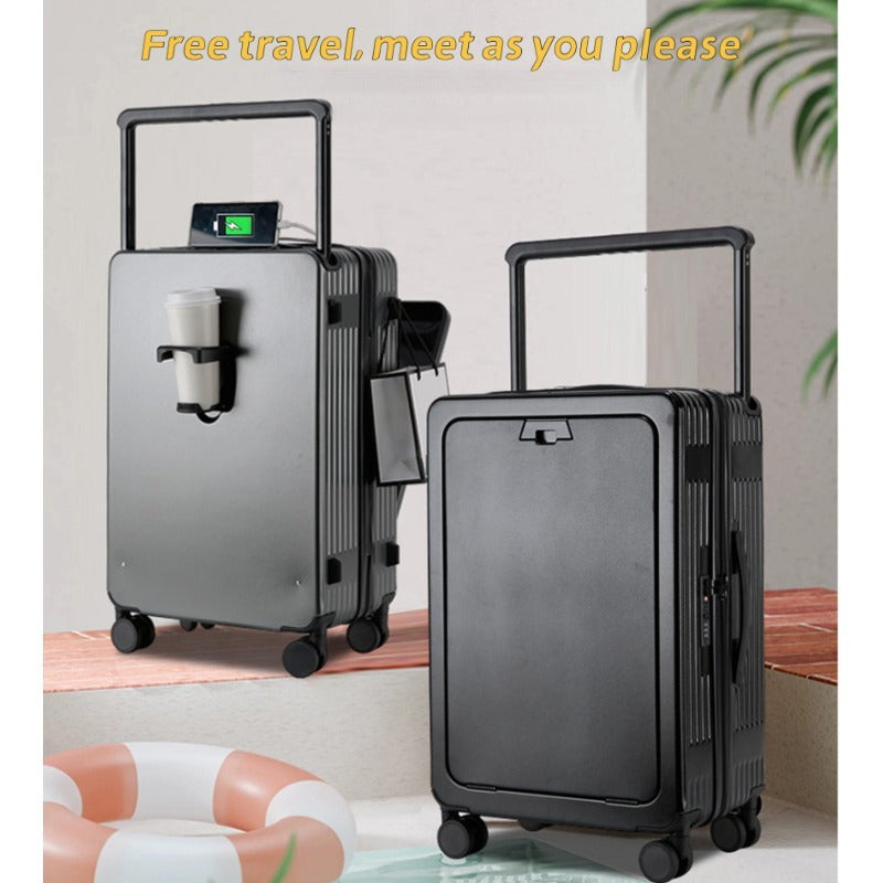 Two suitcases on a wooden surface with a pool float in the background.