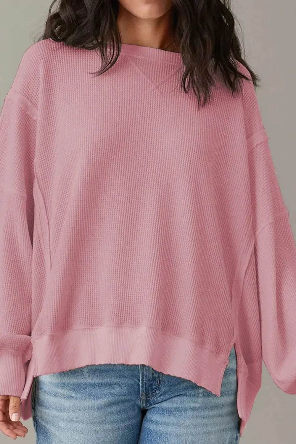 Slit Waffle-Knit Round Neck Long Sleeve Top - Millivan supplies 