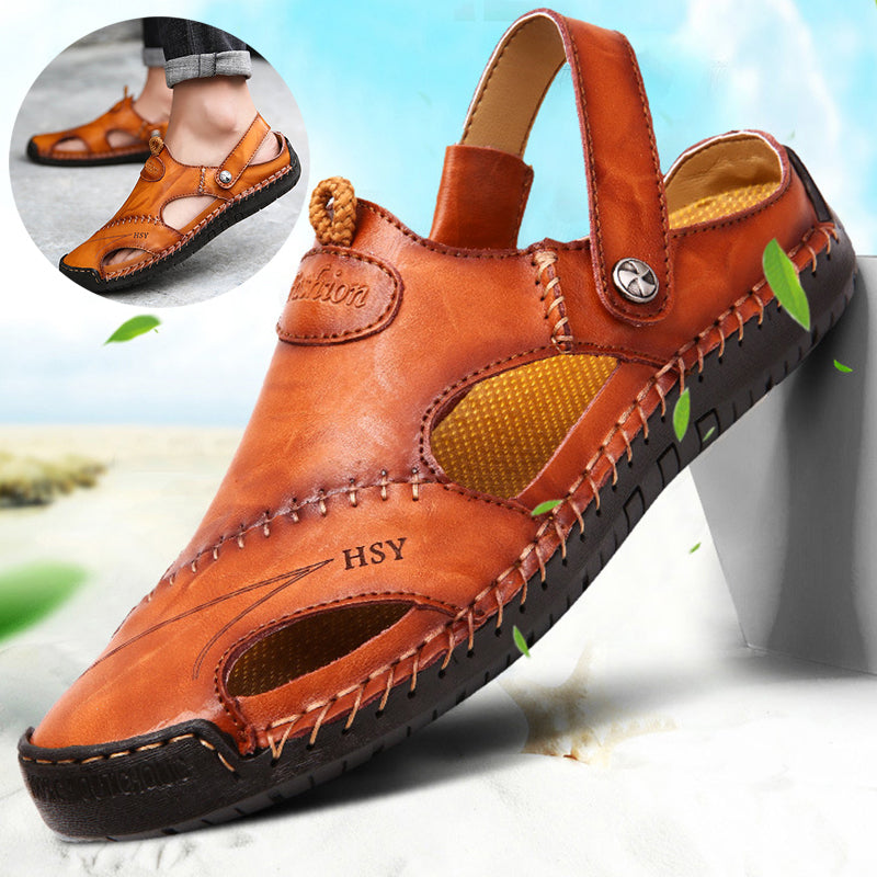 Brown leather sandal with 'HSY' branding on a white background