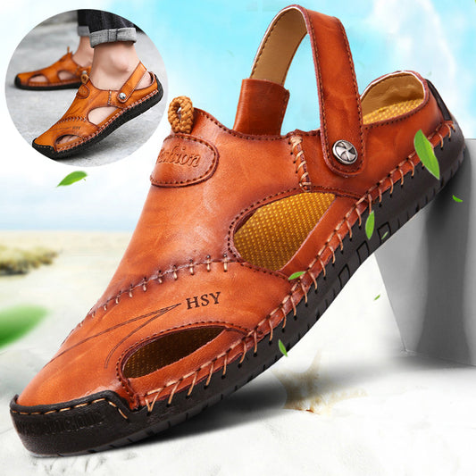 Brown leather sandal with 'HSY' branding on a white background