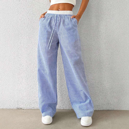 Women's Wide-Leg Floor-Length Pleated Pants – Mid-Rise Straight Leg Casual Trousers with Pockets | Blue, Gray, Pink | XS–L