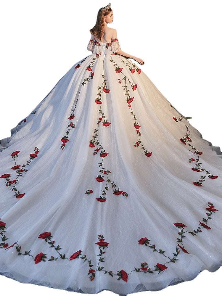 Women's Mori Style Bustier Wedding Dress – Sleeveless Shoulder Strap Bridal Gown with Tippet | Floor-Length & Trailing | XS–XXL