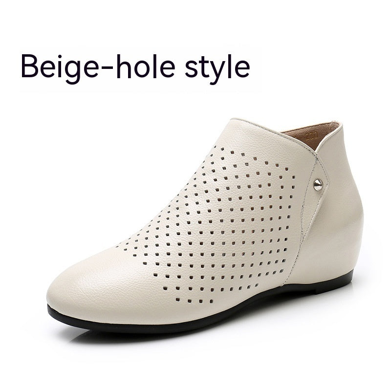 Beige perforated shoe on a white background with 'Beige-hole style' text.