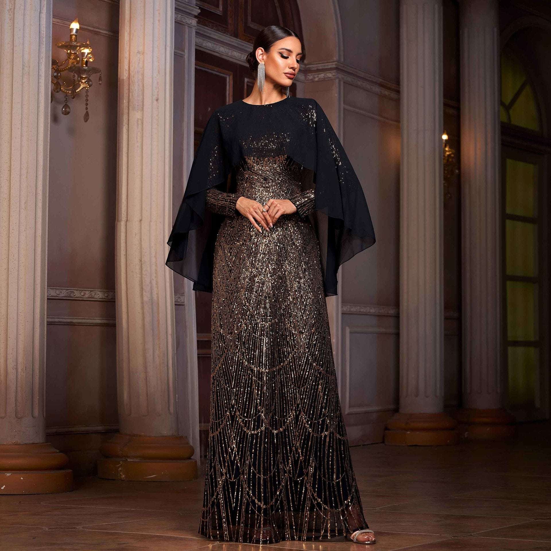 Women's Long-Sleeve Round-Neck Sequined High-Waist Maxi Evening Gown | Black Gold | S–XL