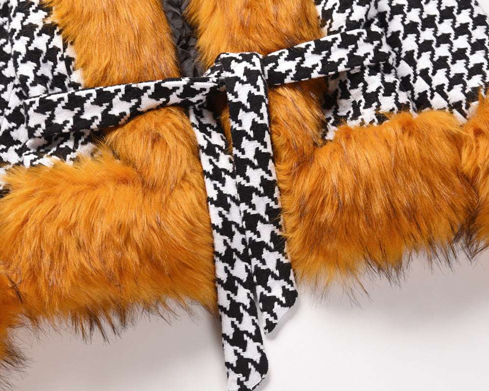 Houndstooth Colour-Block Cropped Blazer | Grey & Orange | S–2XL