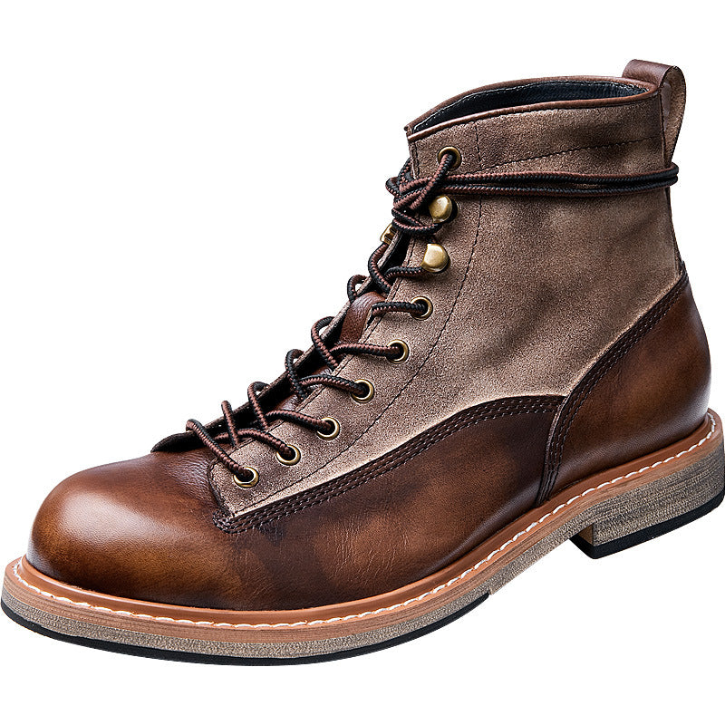 Brown leather boot with laces on a white background