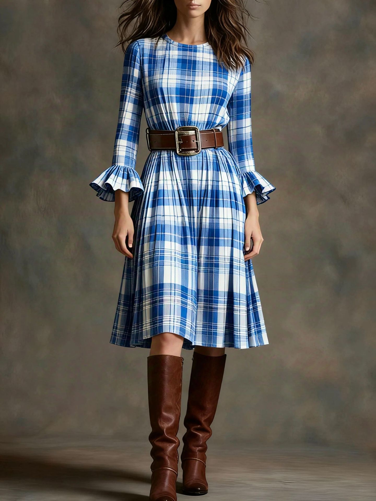 Woman wearing a blue plaid dress with ruffled sleeves and brown belt, standing against a plain background. by millivan