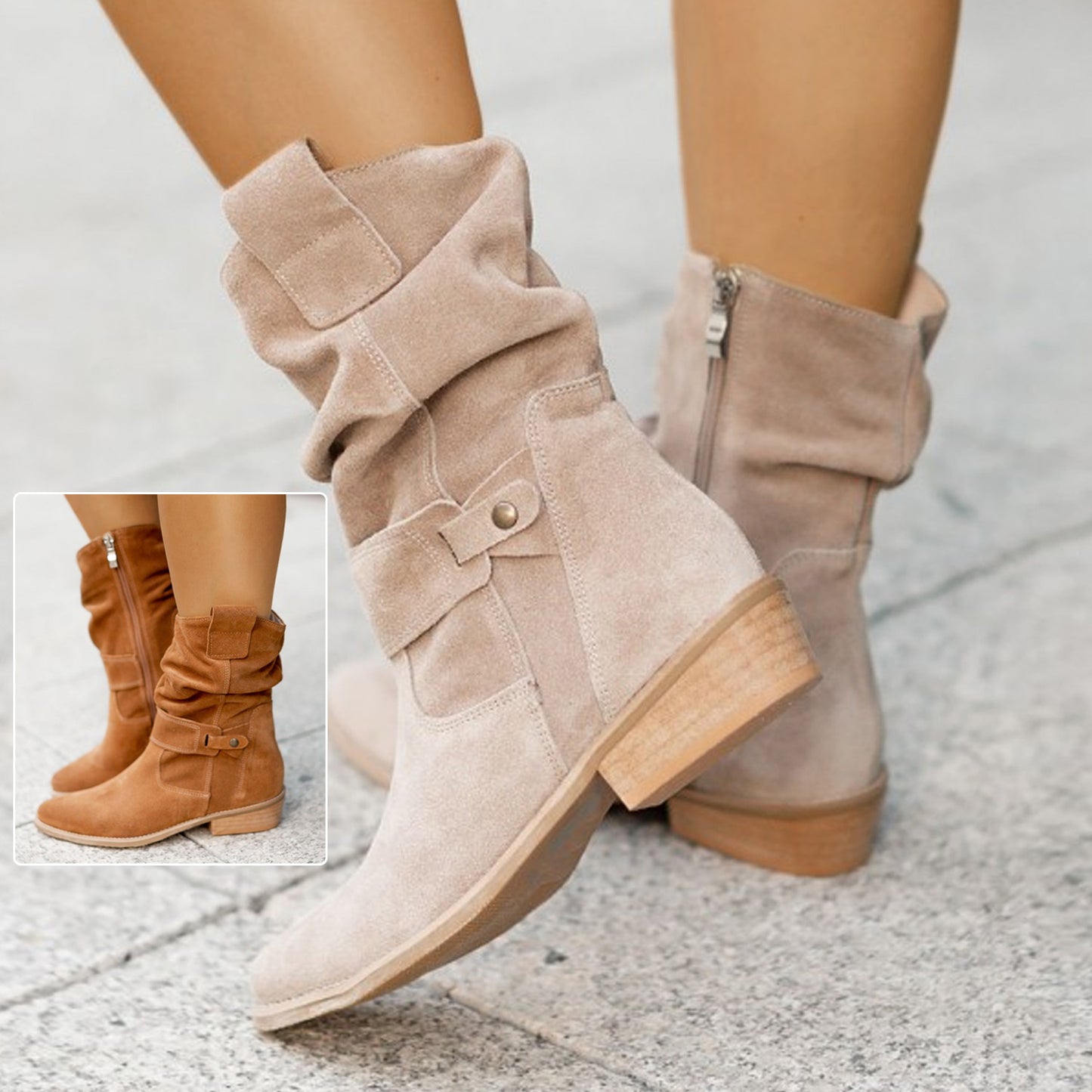 Beige suede boots with a button detail worn by a person on a light gray pavement.
