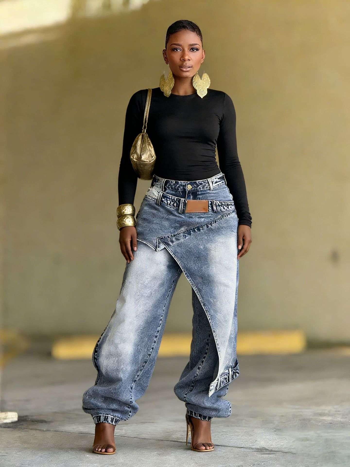 Women's Deconstructed Layered Washed Denim Jeans | Blue | S–3XL