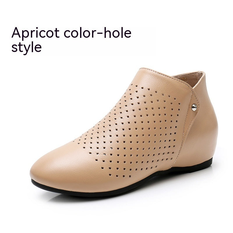Beige perforated shoe on a white background with text 'Apricot color-hole style'.