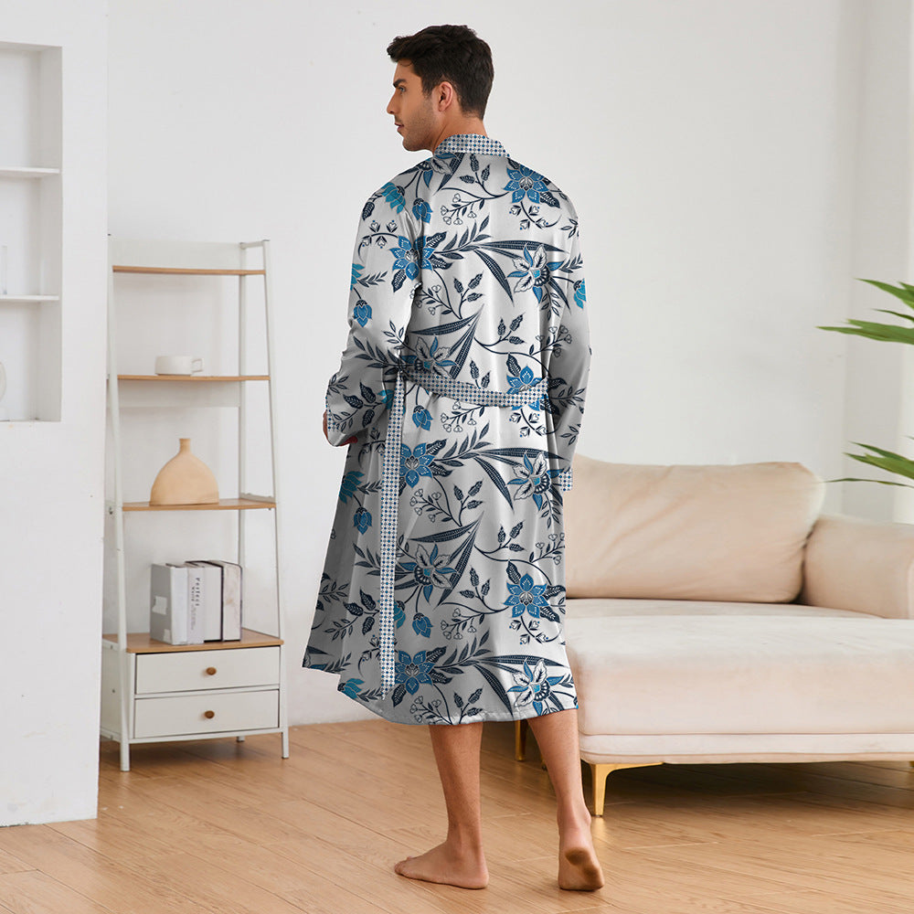 Men's Printed Robes Set - Long Sleeve Top & Shorts Suit