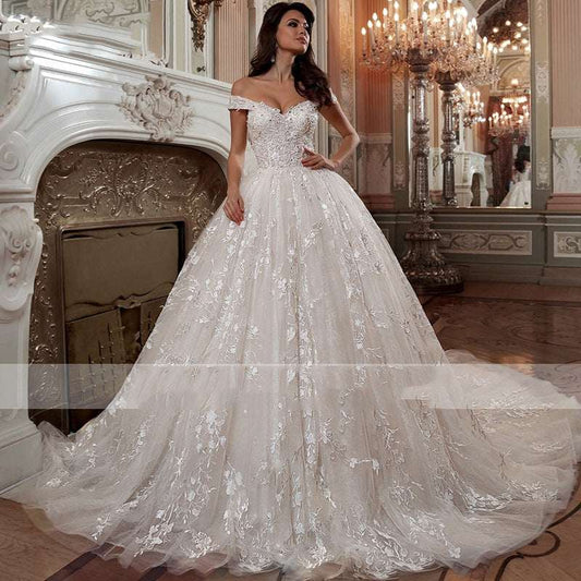 Women's French Mori Off-Shoulder Wedding Dress – Simple Elegant Bridal Gown with Straps | White | US 2–16 & 14W–26W