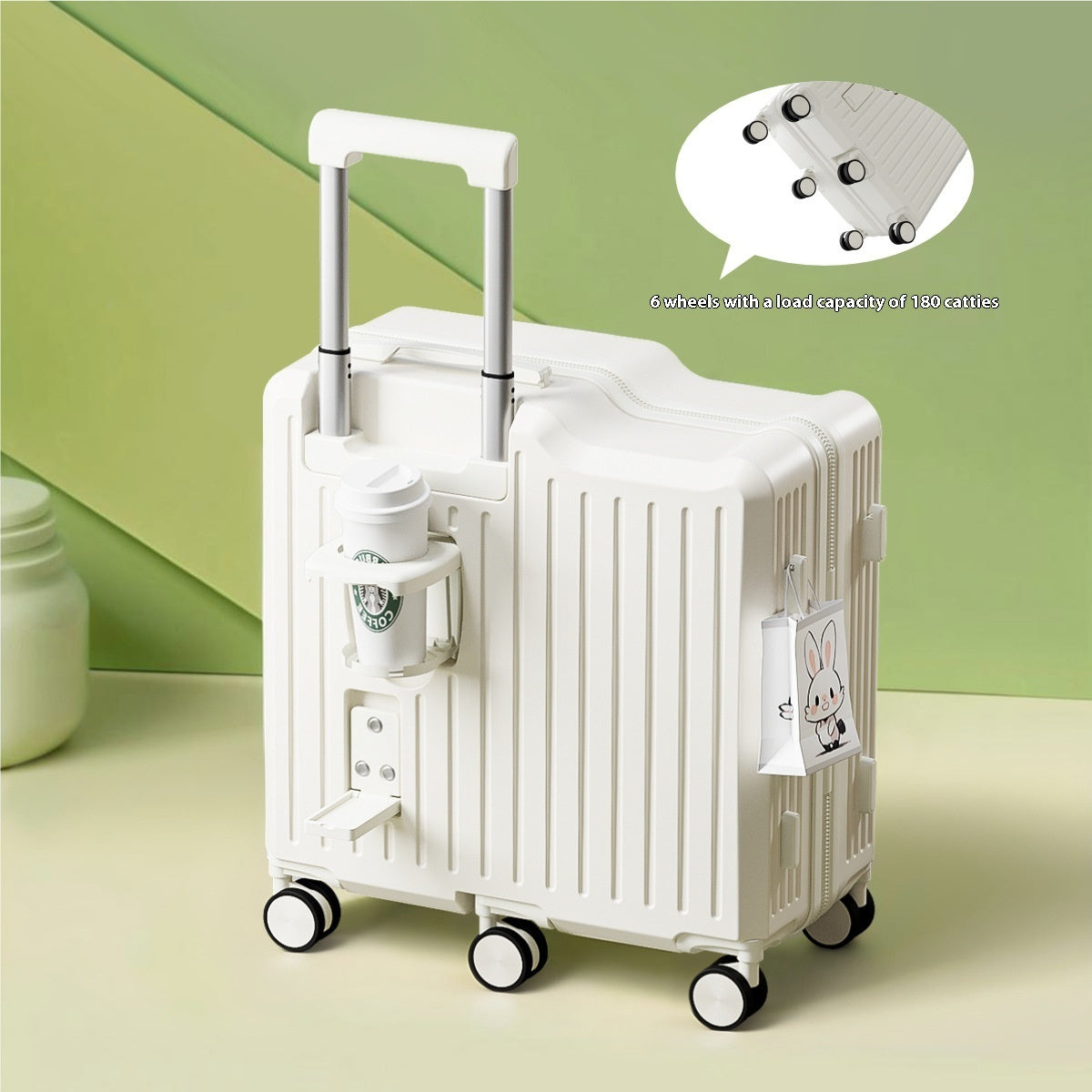 White suitcase with wheels on a light green background