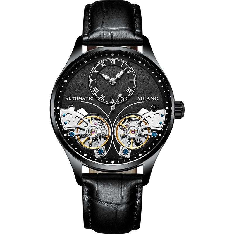 Black automatic watch with visible mechanical components on a white background