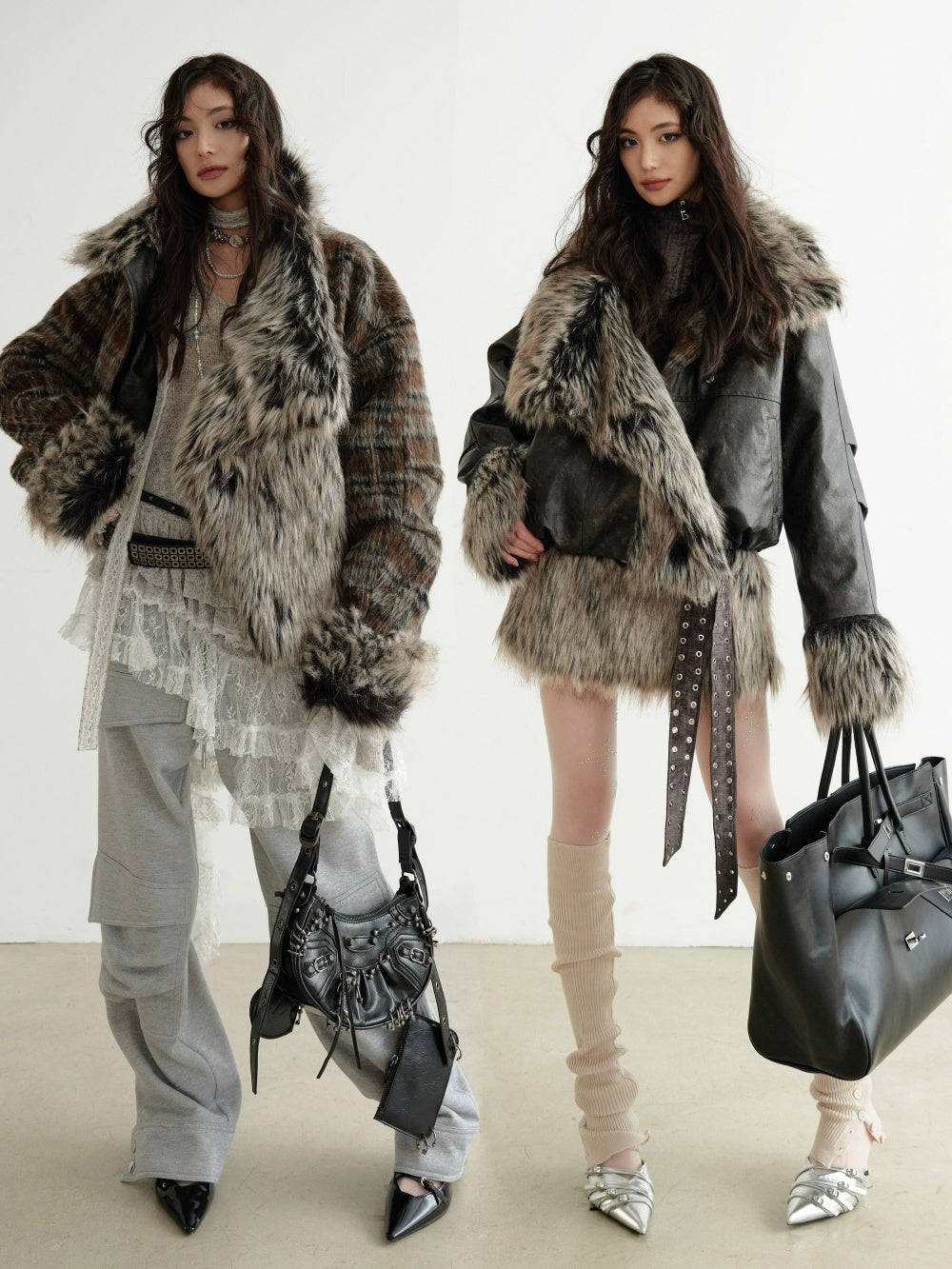 Two women wearing fur-lined jackets with a neutral background