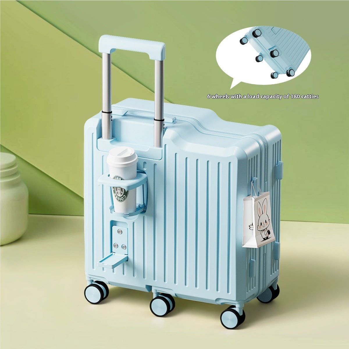 Light blue suitcase with wheels and a handle on a green and beige background