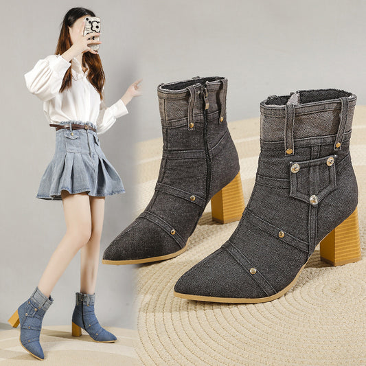 Denim ankle boots with a woman wearing them on a neutral background