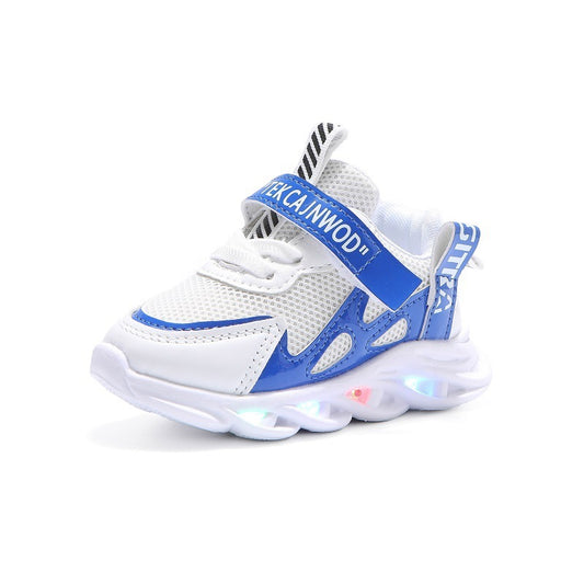 White and blue children's sneaker with LED lights on a white background