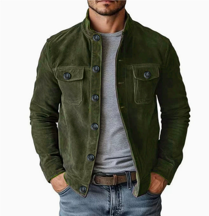 Green jacket worn by a person on a white background