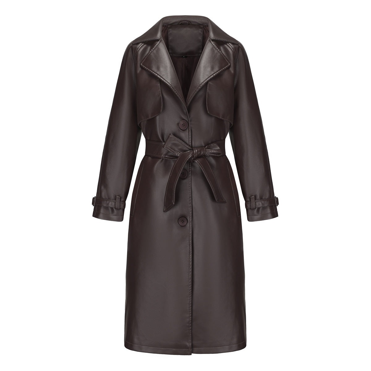 Brown leather coat with a belt on a white background
