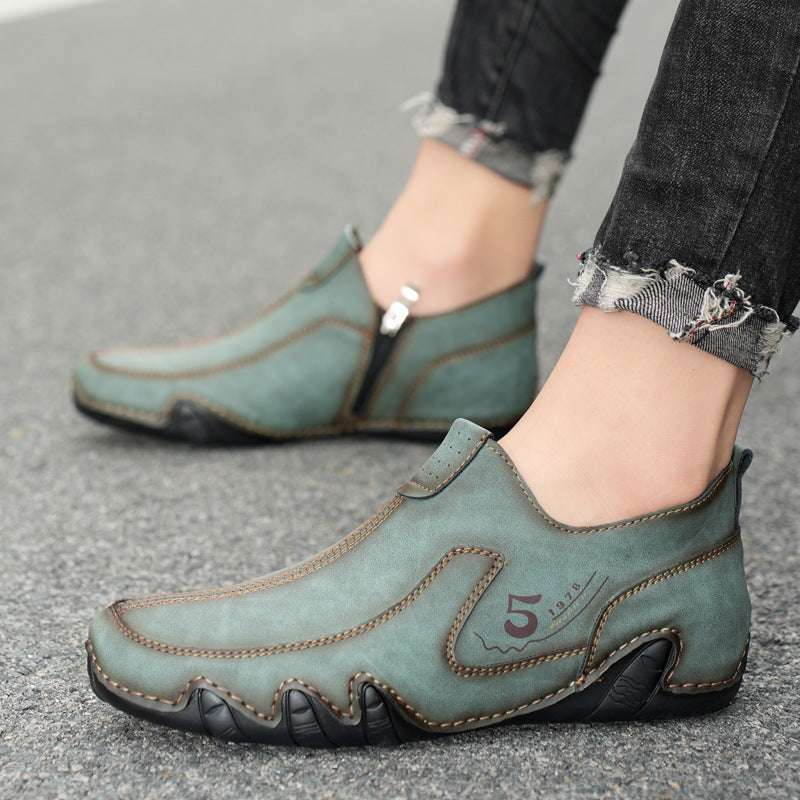 Men's Mid-top Zipper Casual Leather Shoes - Korean Style Cowhide Gommino Shoes