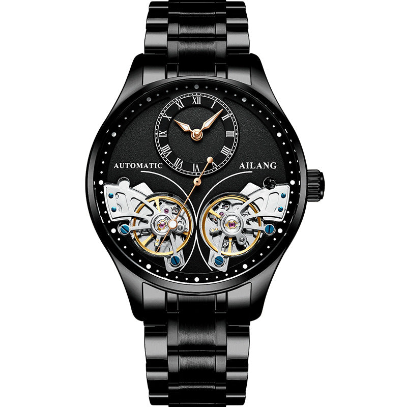 Black automatic watch with visible mechanical components on a white background