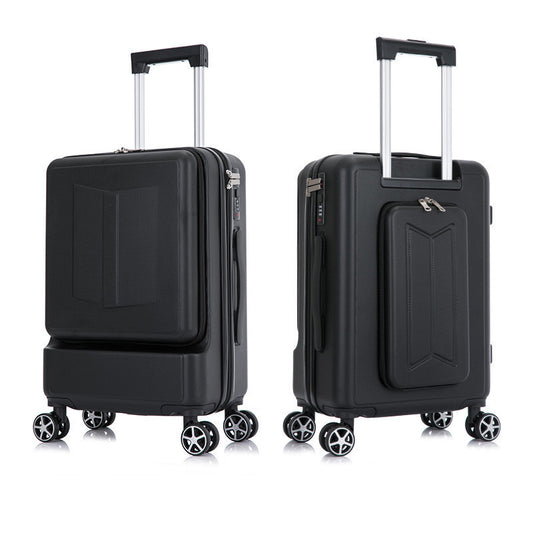 Two black suitcases with wheels on a white background