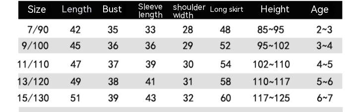 Table displaying clothing size chart with measurements for length, bust, sleeve length, shoulder width, etc.