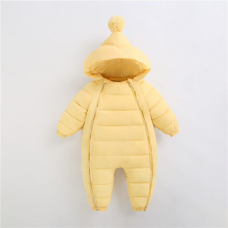 Yellow baby snowsuit with a hood on a light gray background
